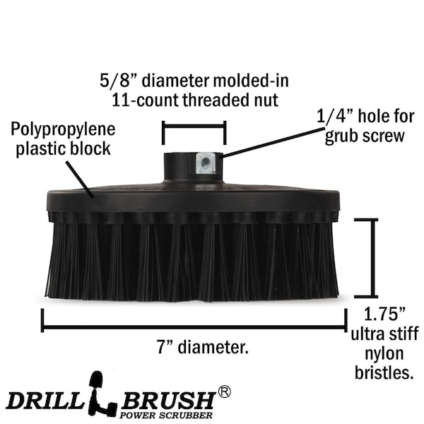 Cepillo de la marca Drillbrush para pulidor rotativo - Redondo 7 pulgadas Ultra rígido negro - 7IN-L-K-T-DB
