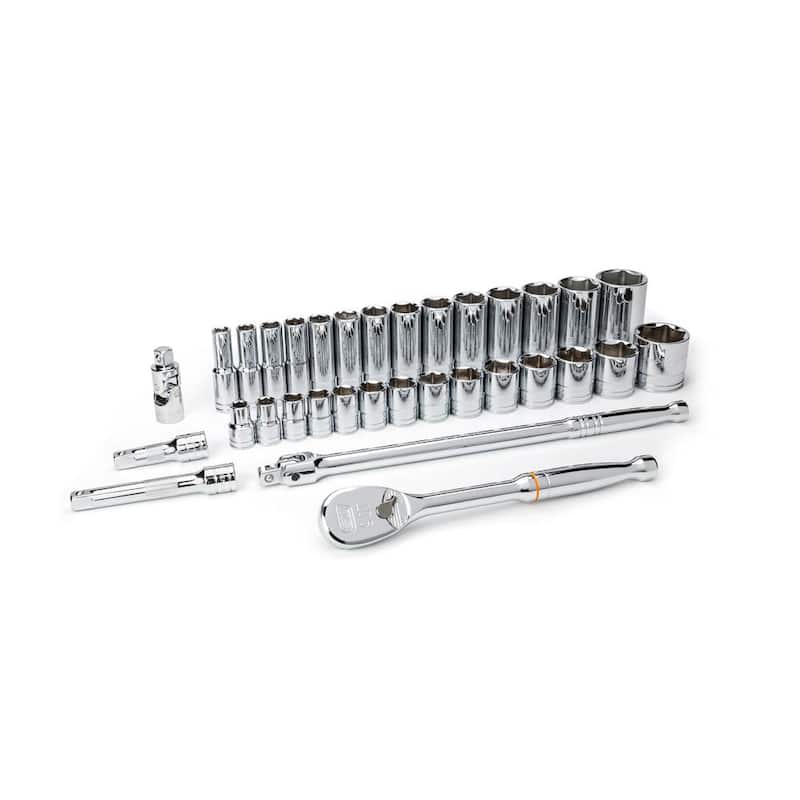 Juego de herramientas para mecánicos GEARWRENCH de 33 piezas con trinquete y dados estándar y profundos de 6 puntos de 1/2 pulgadas SAE de 90 dientes - 80715
