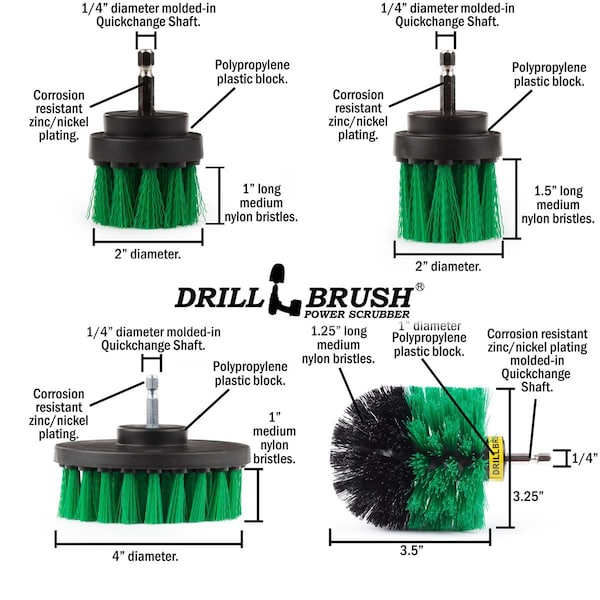 Cepillo de taladro Power Scrubber de Useful Products 5 pulgadas de ancho 5 pulgadas de largo, verde - G-42OS-2L-QC-DB
