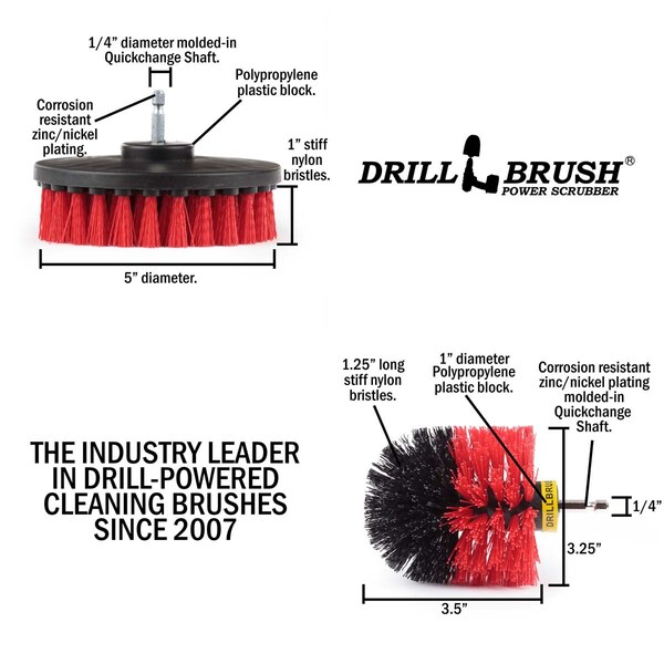 Cepillo Taladro Power Scrubber de Useful Products 5 pulgadas de ancho, 5 pulgadas de largo, Rojo - R-S-5O-QC-DB