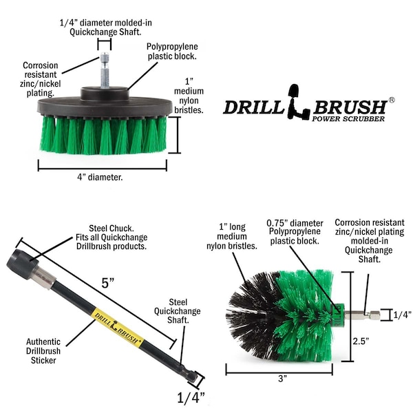 Cepillo perforador Power Scrubber de Useful Products 5 pulgadas ancho por 5 pulgadas largo, color verde - G-S-4M-5X-QC-DB