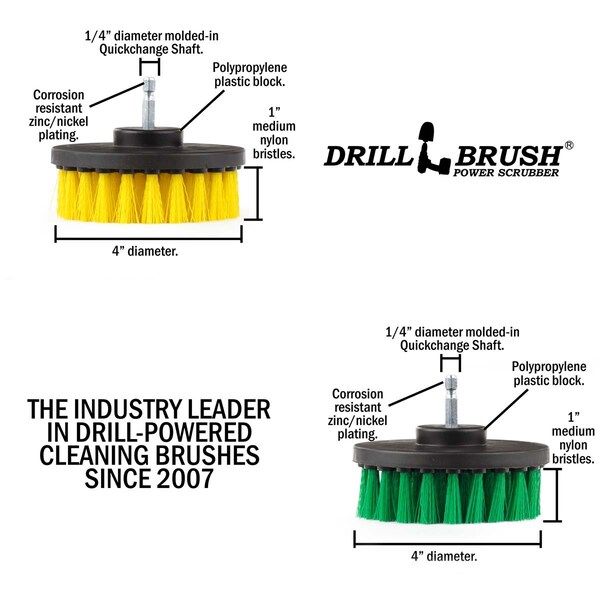 Cepillo de taladro Power Scrubber de Useful Products 5 pulgadas de ancho, 5 pulgadas de largo, Variedad - 4IN-S-GY-QC-DB