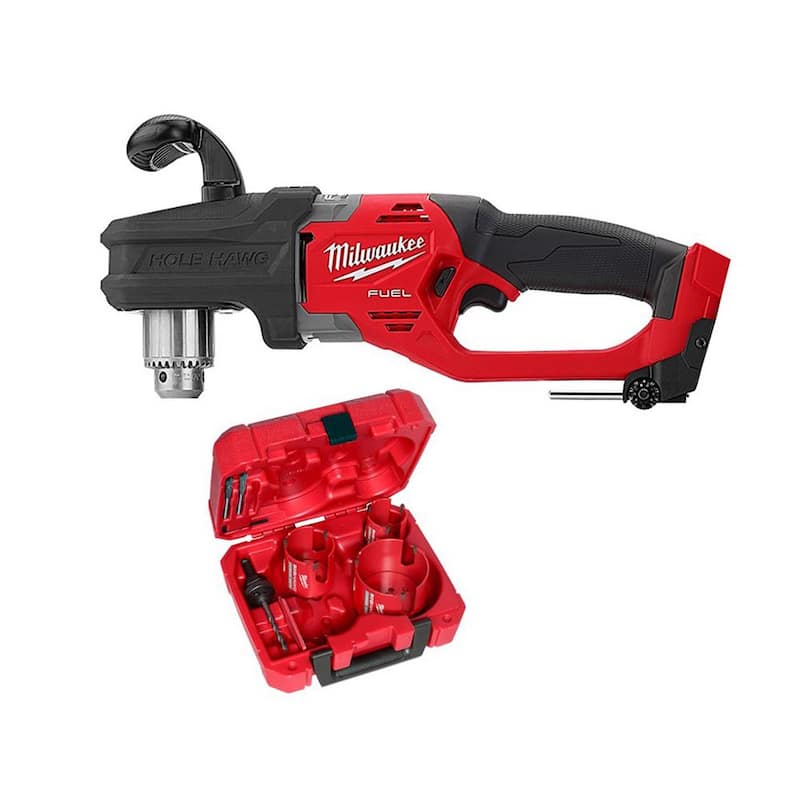 Milwaukee M18 FUEL GEN II Taladro angular derecho inalámbrico sin escobillas de 18 voltios Li-Ion de 1/2 pulg. Hole Hawg con kit de sierra de agujero de carburo (7 piezas) - 2807-20-49-56-9280