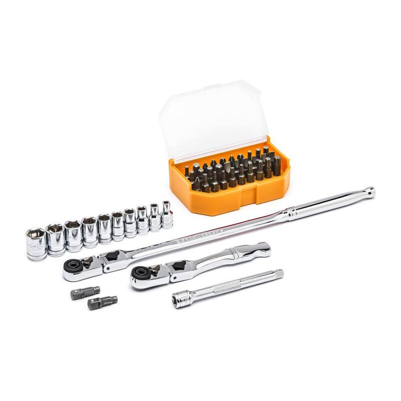 Juego de herramientas mecánicas GEARWRENCH de 1/4 de pulgada, con trinquete de cabeza flexible delgada de 6 puntos y llaves de vaso métricas (45 piezas) - 81032