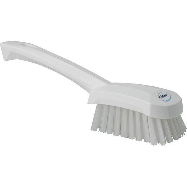 Cepillo de fregar Vikan 3 en W, rígido, mango de 5 57/64 pulgadas de largo, cepillo de 4 1/2 pulgadas de largo, color blanco, de plástico, 10 pulgadas de largo en total - 41925