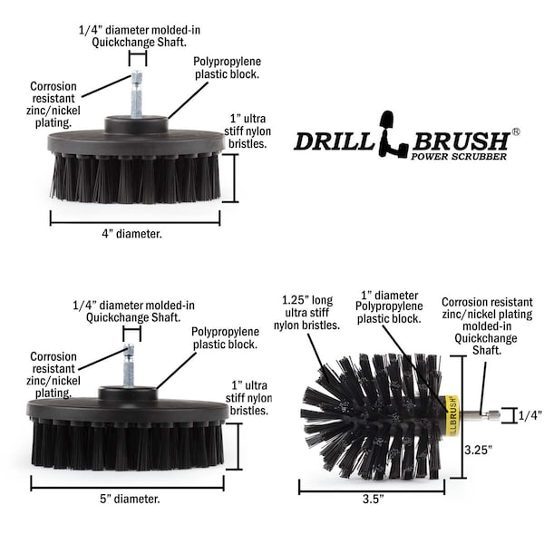 Cepillo Eléctrico para Taladro Power Scrubber de Useful Products 5 in de ancho 7 in de largo, Negro - K-542OMS-2L-QC-DB