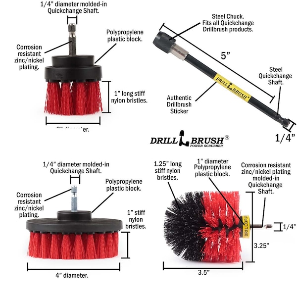 Cepillo de Taladro Power Scrubber Por Useful Products 5 en A 5 en L Cepillo, Rojo - R-S-42O-5X-QC-DB