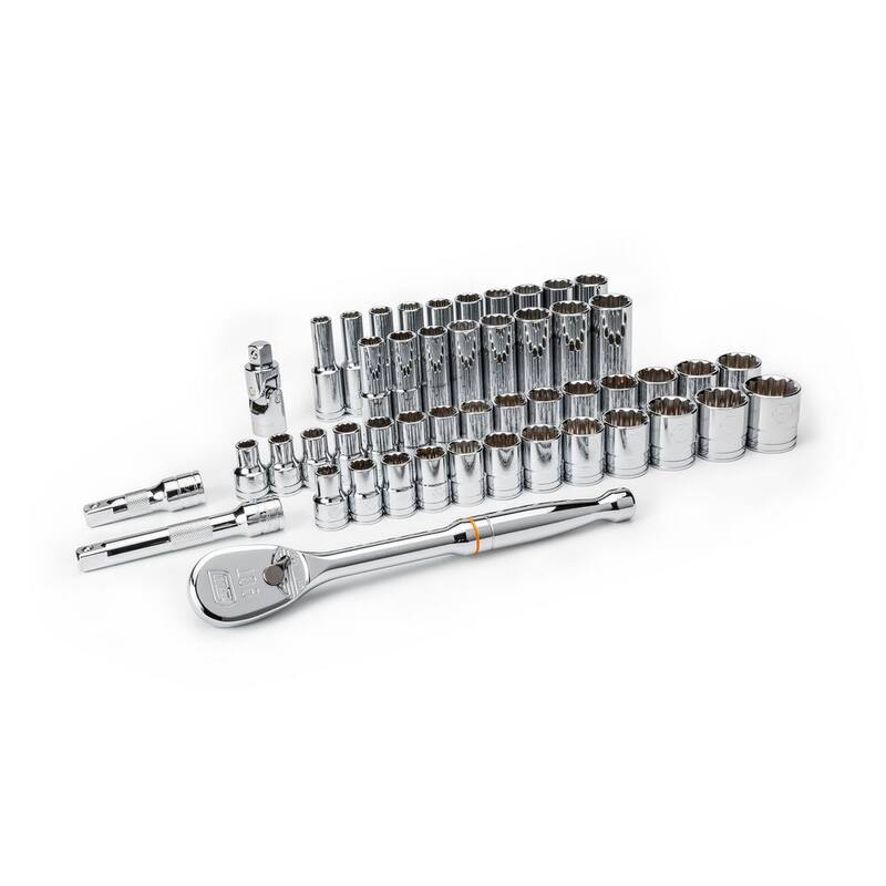 Juego de herramientas mecánicas GEARWRENCH de 1/2 pulgadas Drive 12-Point Standard & Deep SAE/Metric 90-Tooth Ratchet and Socket (49 piezas) - 80701.