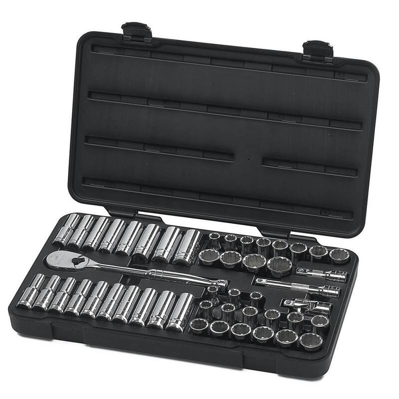 Juego de herramientas mecánicas GEARWRENCH de 1/2 pulgadas Drive 12-Point Standard & Deep SAE/Metric 90-Tooth Ratchet and Socket (49 piezas) - 80701.
