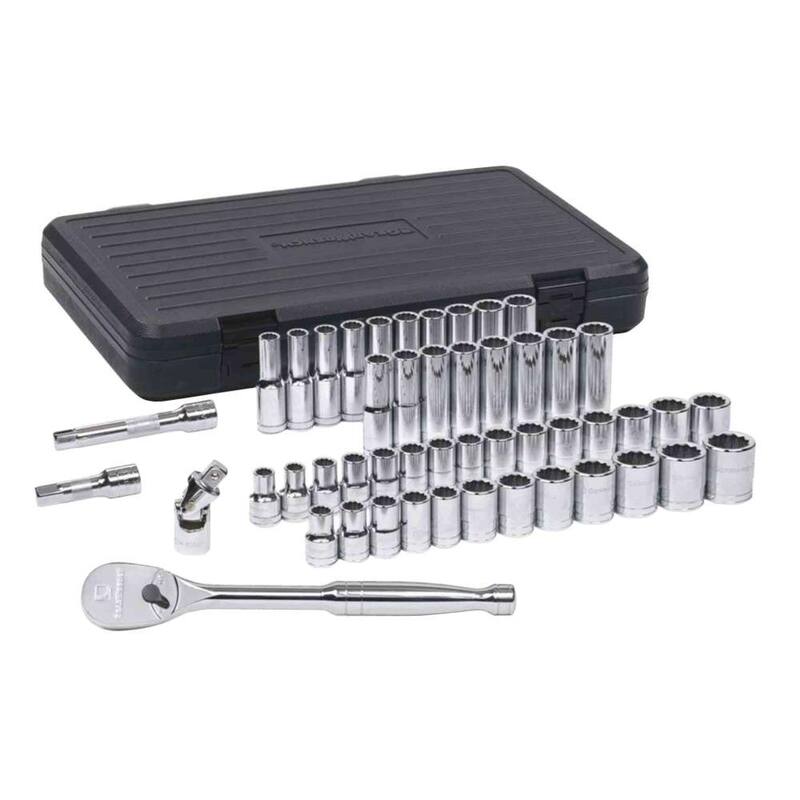 Juego de herramientas mecánicas GEARWRENCH de 1/2 pulgadas Drive 12-Point Standard & Deep SAE/Metric 90-Tooth Ratchet and Socket (49 piezas) - 80701.