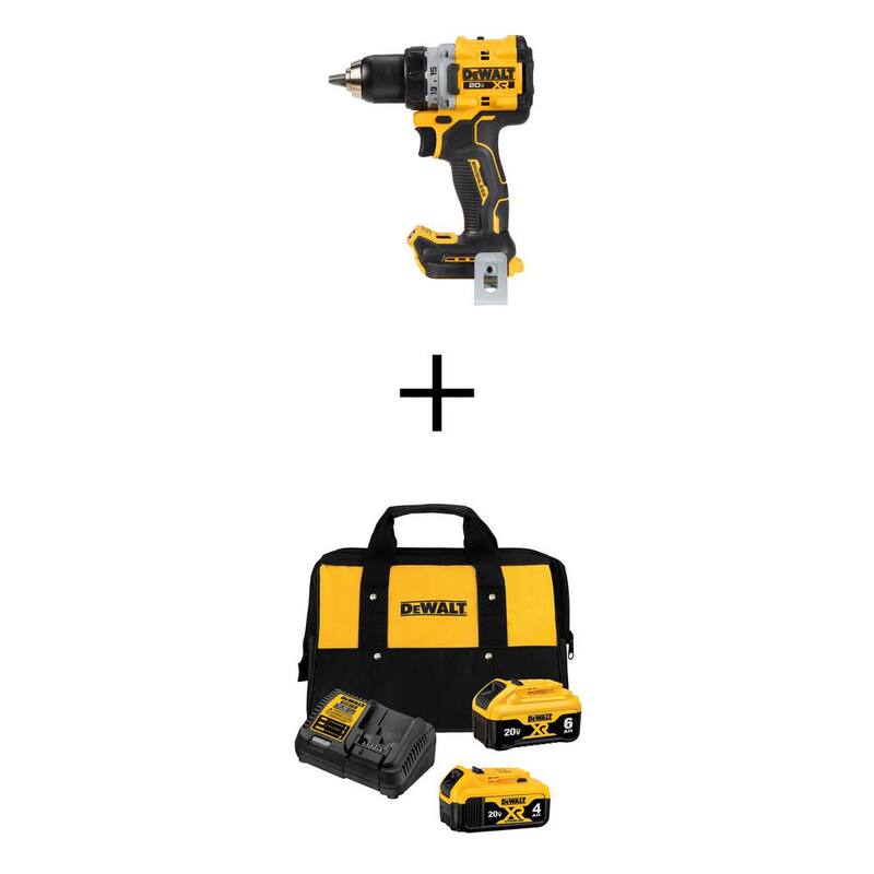 DEWALT Taladro/destornillador compacto inalámbrico de 1/2 pulgadas con baterías y cargador premium 6Ah y 4Ah de ión de litio XR MAX 20V - DCD800BWCB246CK