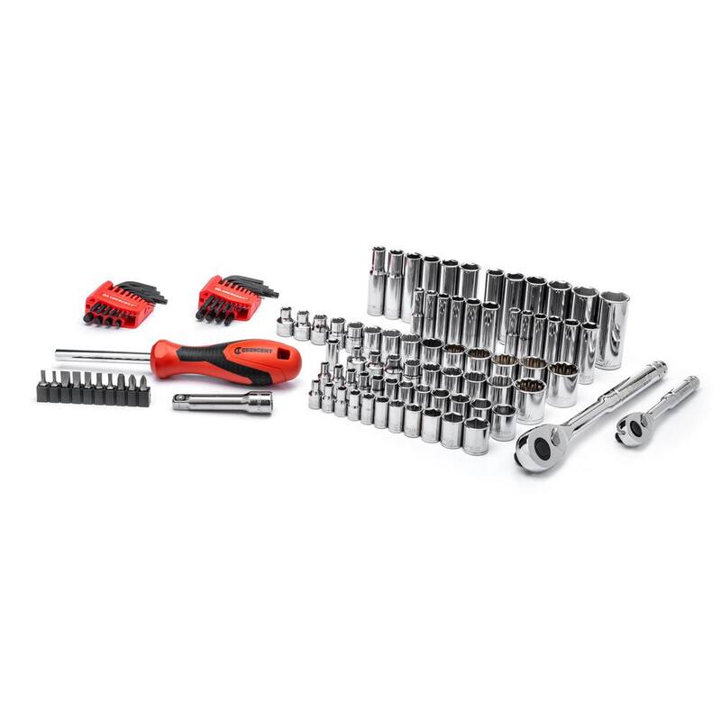 Juego de herramientas para mecánicos Crescent de 1/4 pulg. y 3/8 pulg. de 6 y 12 puntos estándar y profundos SAE/Métricas con estuche (121 piezas) - CTK121C
