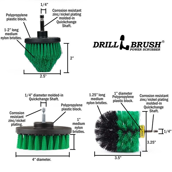 Cepillo eléctrico para taladro Power Scrubber de Useful Products 5 in W 5 in L, verde - G-S-4CO-QC-DB