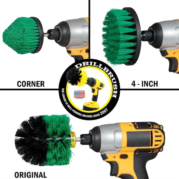 Cepillo eléctrico para taladro Power Scrubber de Useful Products 5 in W 5 in L, verde - G-S-4CO-QC-DB
