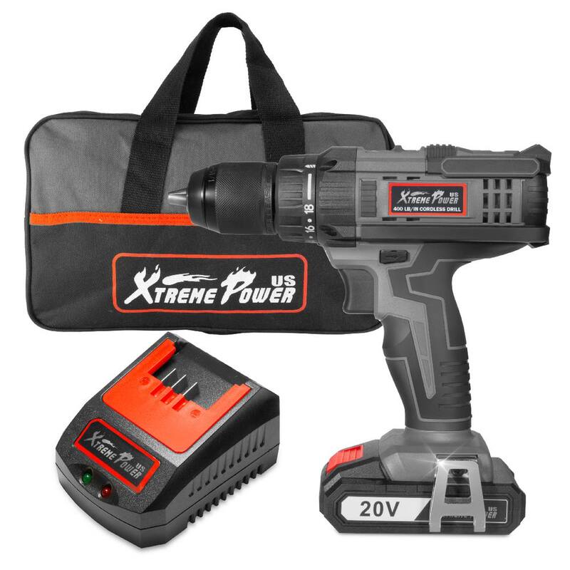 XtremepowerUS Taladro eléctrico inalámbrico de 20 voltios MAX con portabrocas de 1/2 pulgadas, cepillado, 2000 mAh, 400 pulgadas-libra de torque y ajuste de velocidad con bolsa de transporte y cargador - 47505.