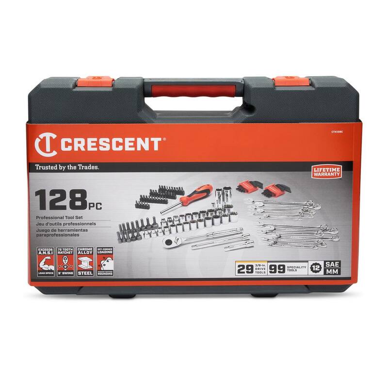 Crescent Juego de Herramientas Mecánicas Estándar SAE/Métrico de 3/8 pulgadas de Accionamiento de 12 Puntos con Estuche (128 piezas) - CTK128C