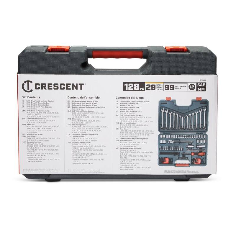 Crescent Juego de Herramientas Mecánicas Estándar SAE/Métrico de 3/8 pulgadas de Accionamiento de 12 Puntos con Estuche (128 piezas) - CTK128C
