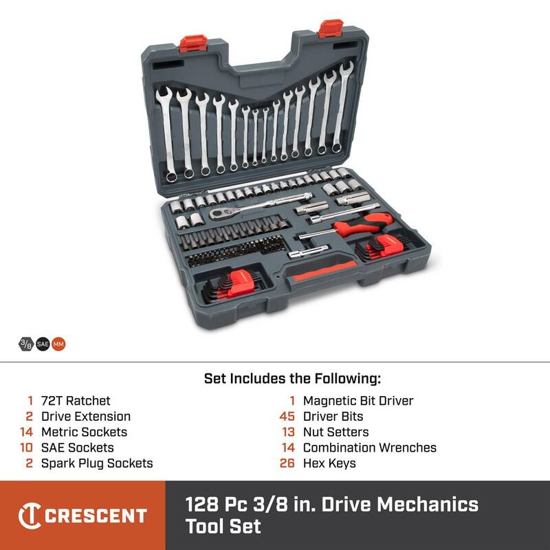 Crescent Juego de Herramientas Mecánicas Estándar SAE/Métrico de 3/8 pulgadas de Accionamiento de 12 Puntos con Estuche (128 piezas) - CTK128C