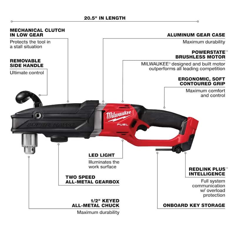 Broca angular derecha Milwaukee M18 FUEL 18V de iones de litio sin escobillas GEN 2 SUPER HAWG de 1/2 pulgada con batería de 6.0 ah - 2809-20-48-11-1865