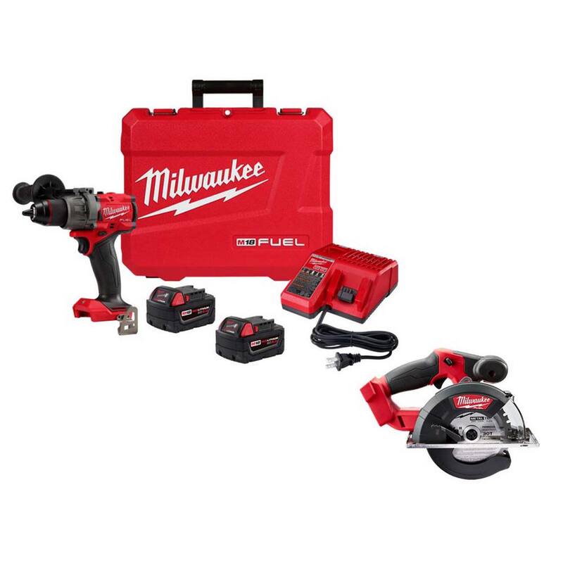 Milwaukee M18 FUEL 18V Taladro martillo inalámbrico sin escobillas de ion-litio de 1/2 pulg. con kit de conductor de sierra circular de 5-3/8 pulg. - 2904-22-2782-20.
