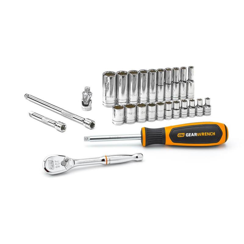 Juego de herramientas mecánicas GEARWRENCH con trinquete de 90 dientes y 26 piezas de puntas de 12 puntos en sistema SAE de 1/4 de pulgada - 80313