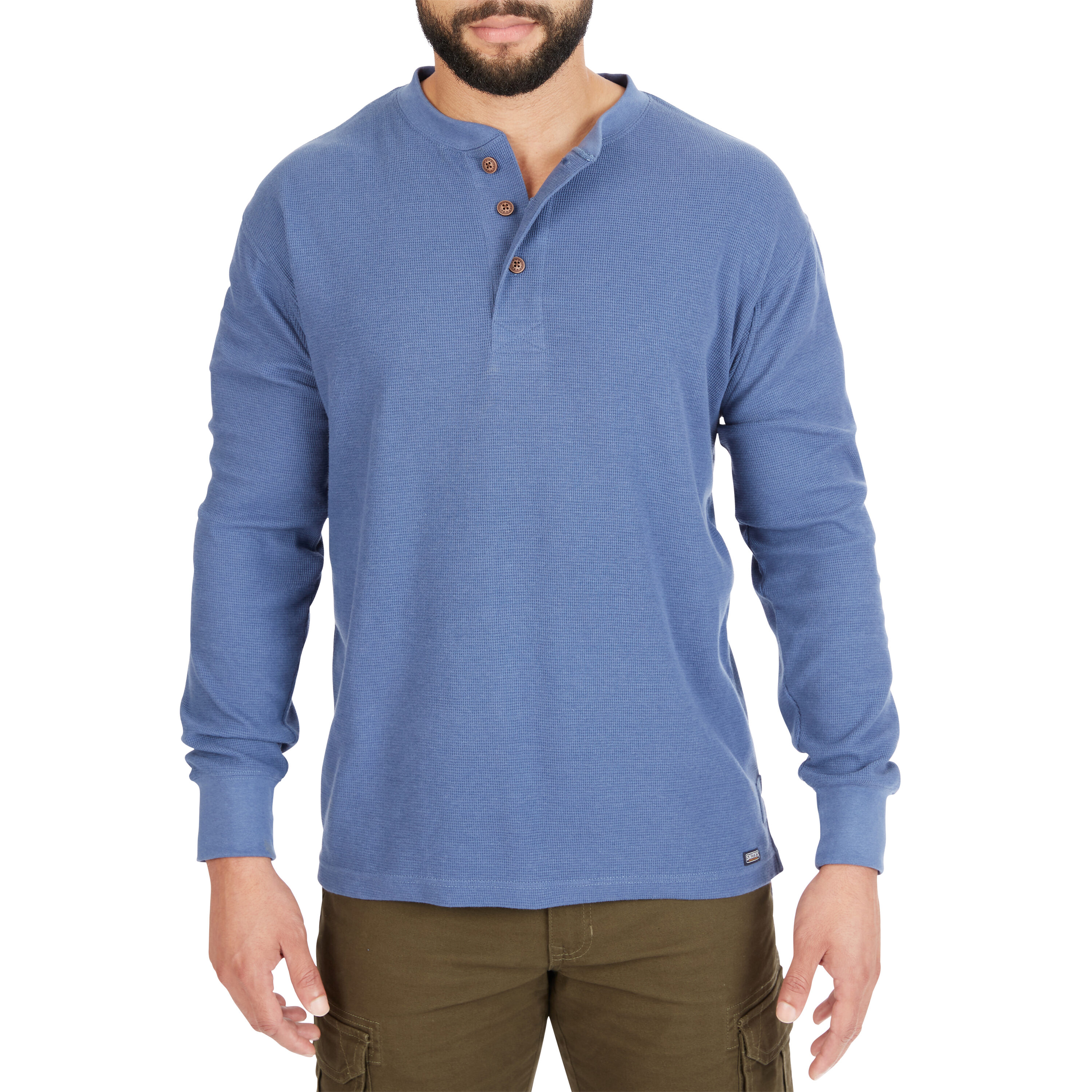 Playera de manga larga Henley azul de punto para hombre de Smith's Workwear (Talla Mediana)