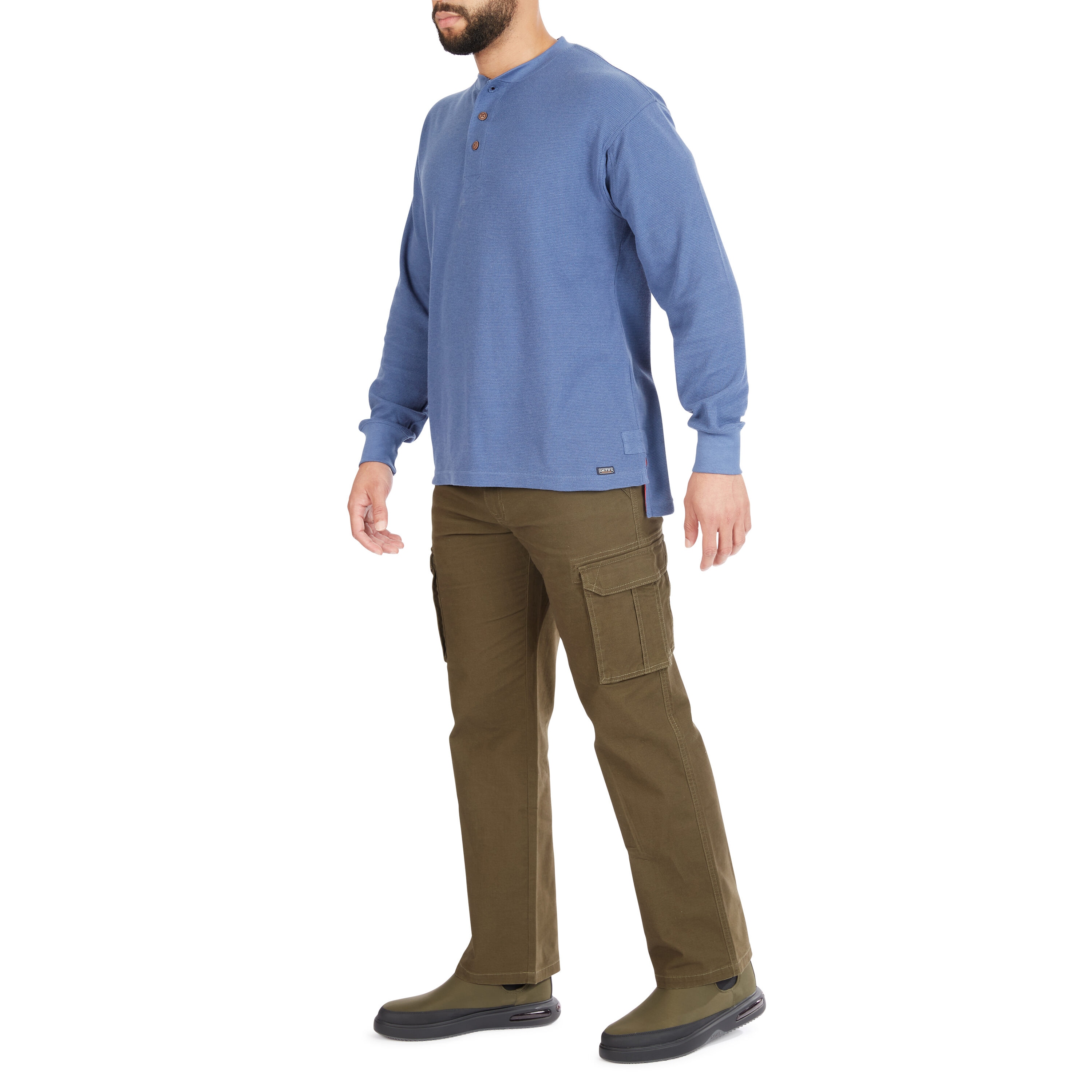 Playera de manga larga Henley azul de punto para hombre de Smith's Workwear (Talla Mediana)