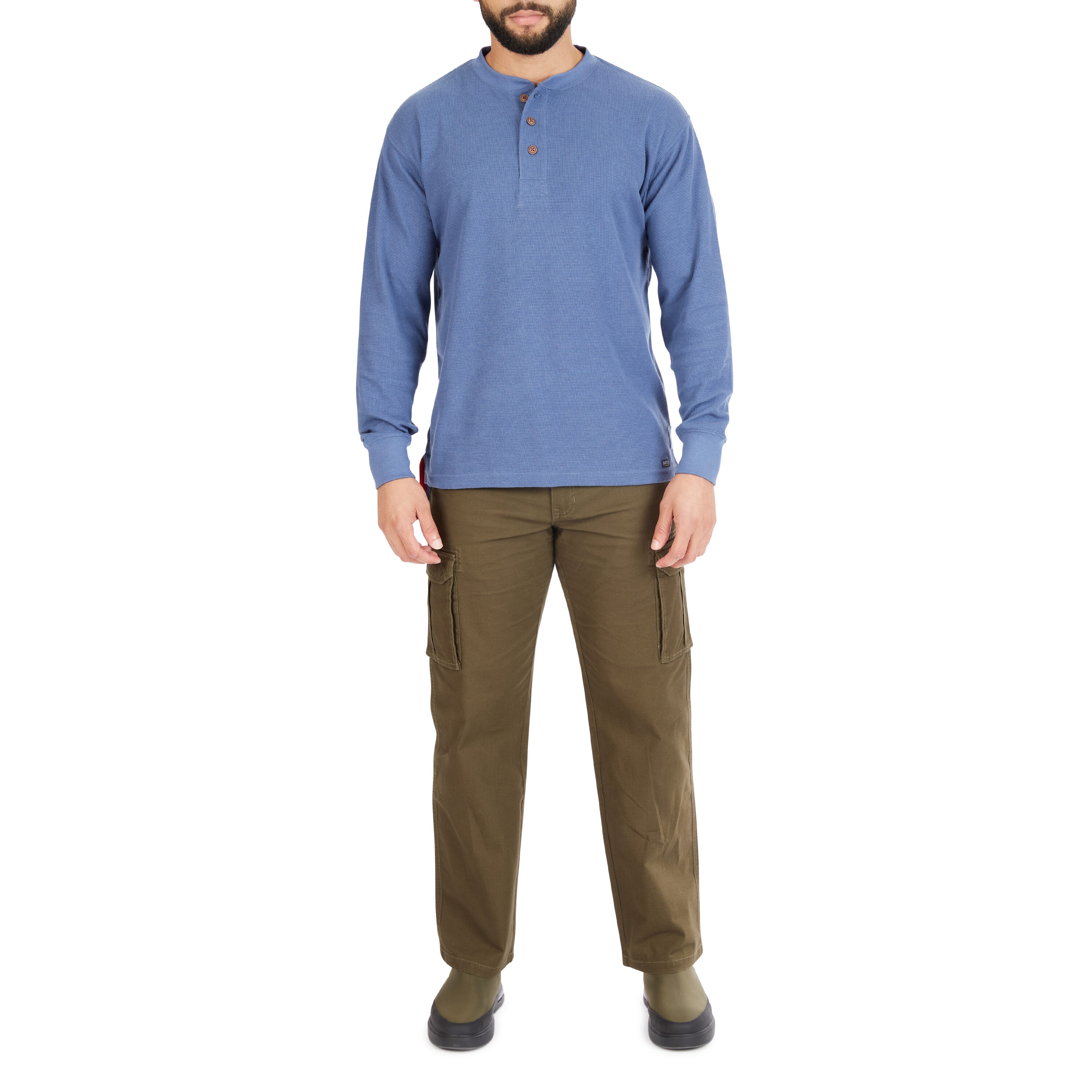Playera de manga larga Henley azul de punto para hombre de Smith's Workwear (Talla Mediana)