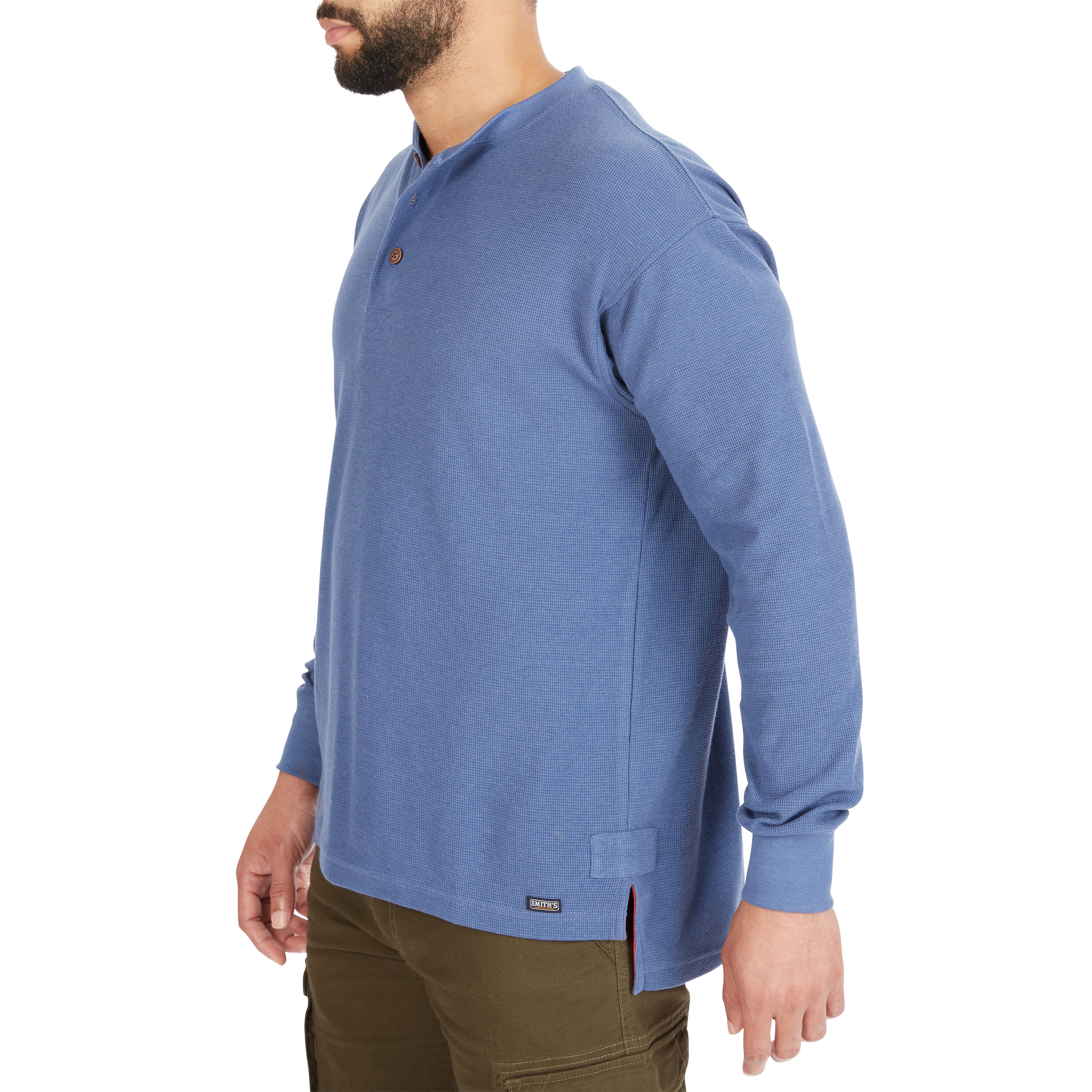 Playera de manga larga Henley azul de punto para hombre de Smith's Workwear (Talla Mediana)