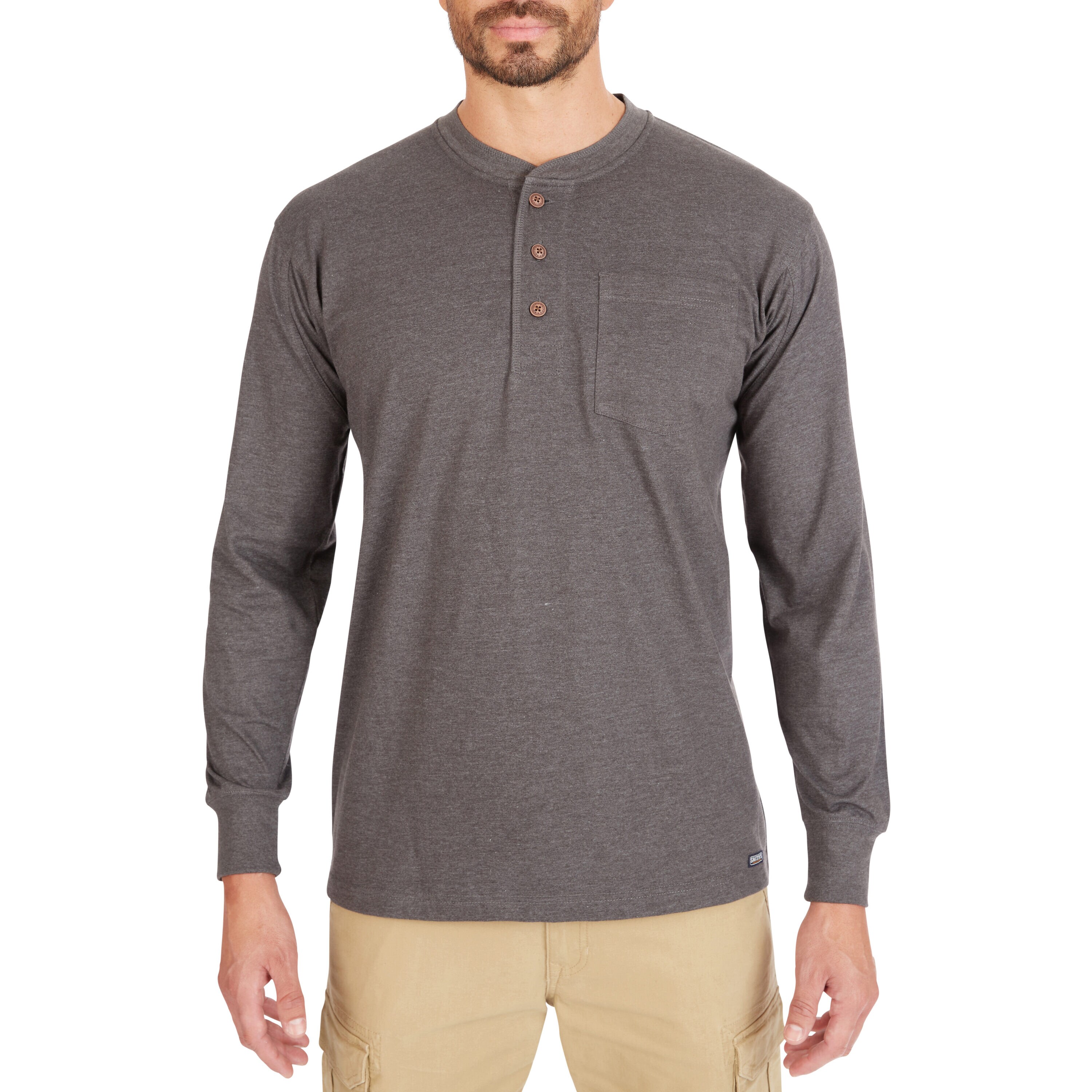 Playera Henley de manga larga de punto gris para hombre de Smith's Workwear (XL)