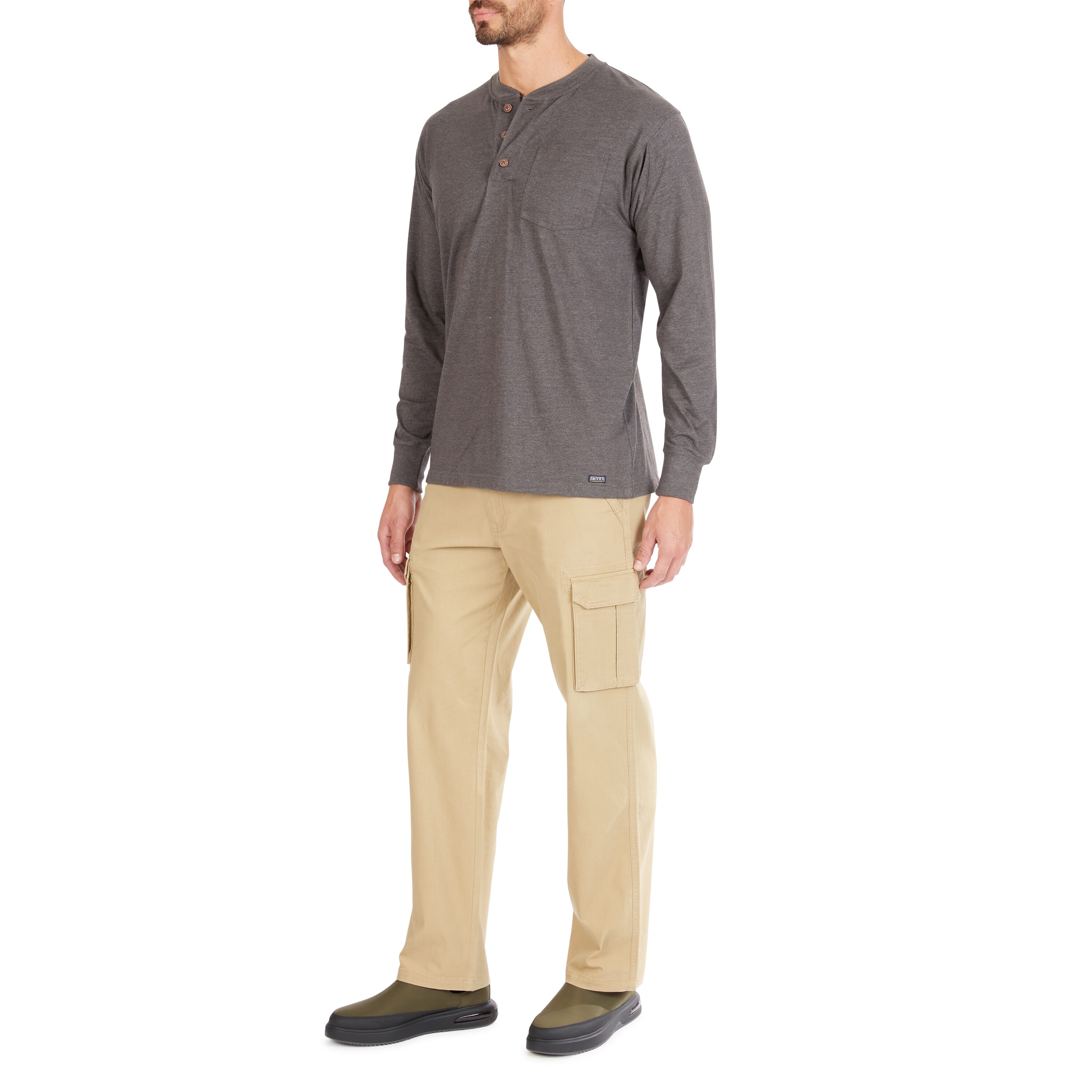 Playera Henley de manga larga de punto gris para hombre de Smith's Workwear (XL)