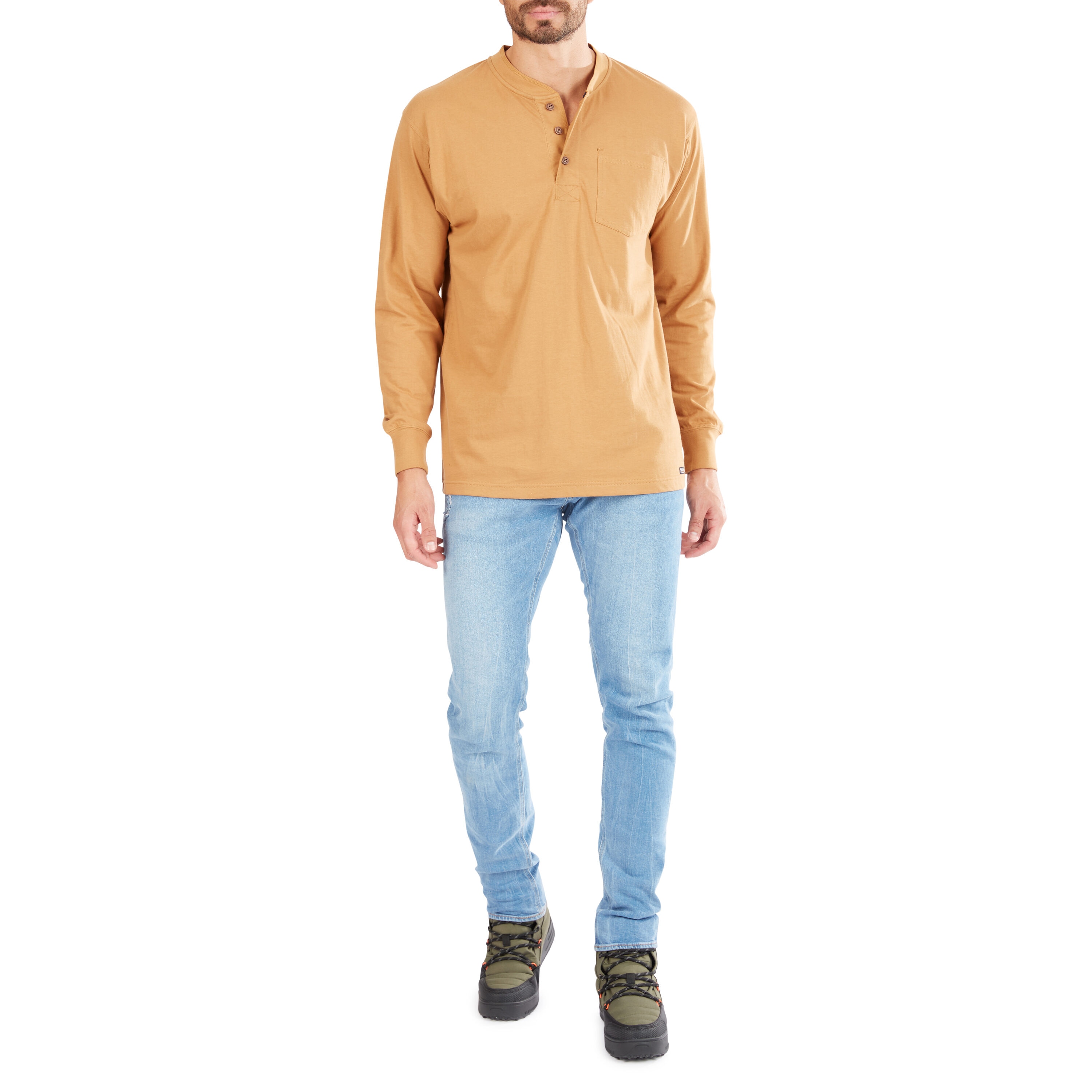 Playera de manga larga estilo Henley en color café para hombre de Smith's Workwear (XL)