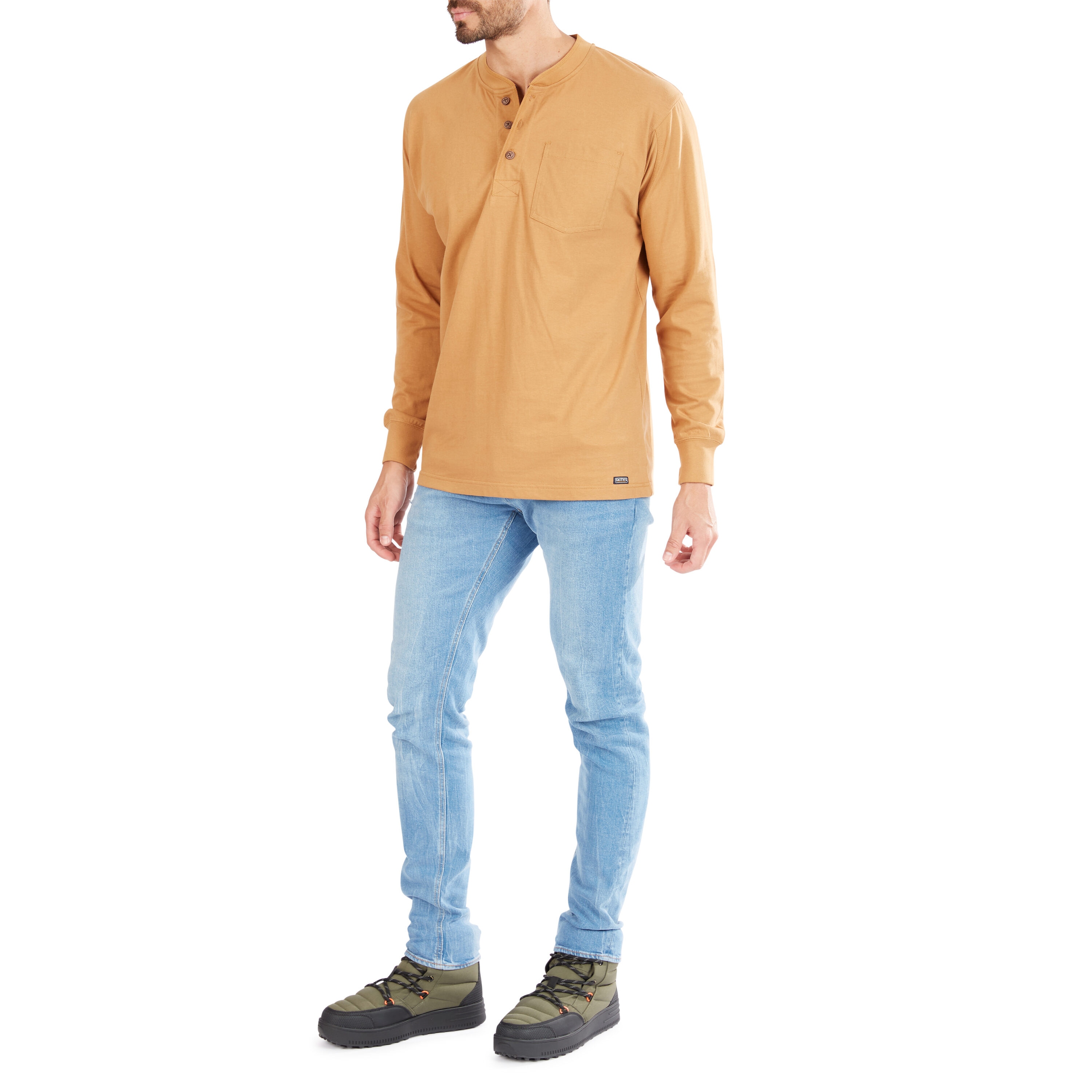 Playera de manga larga estilo Henley en color café para hombre de Smith's Workwear (XL)