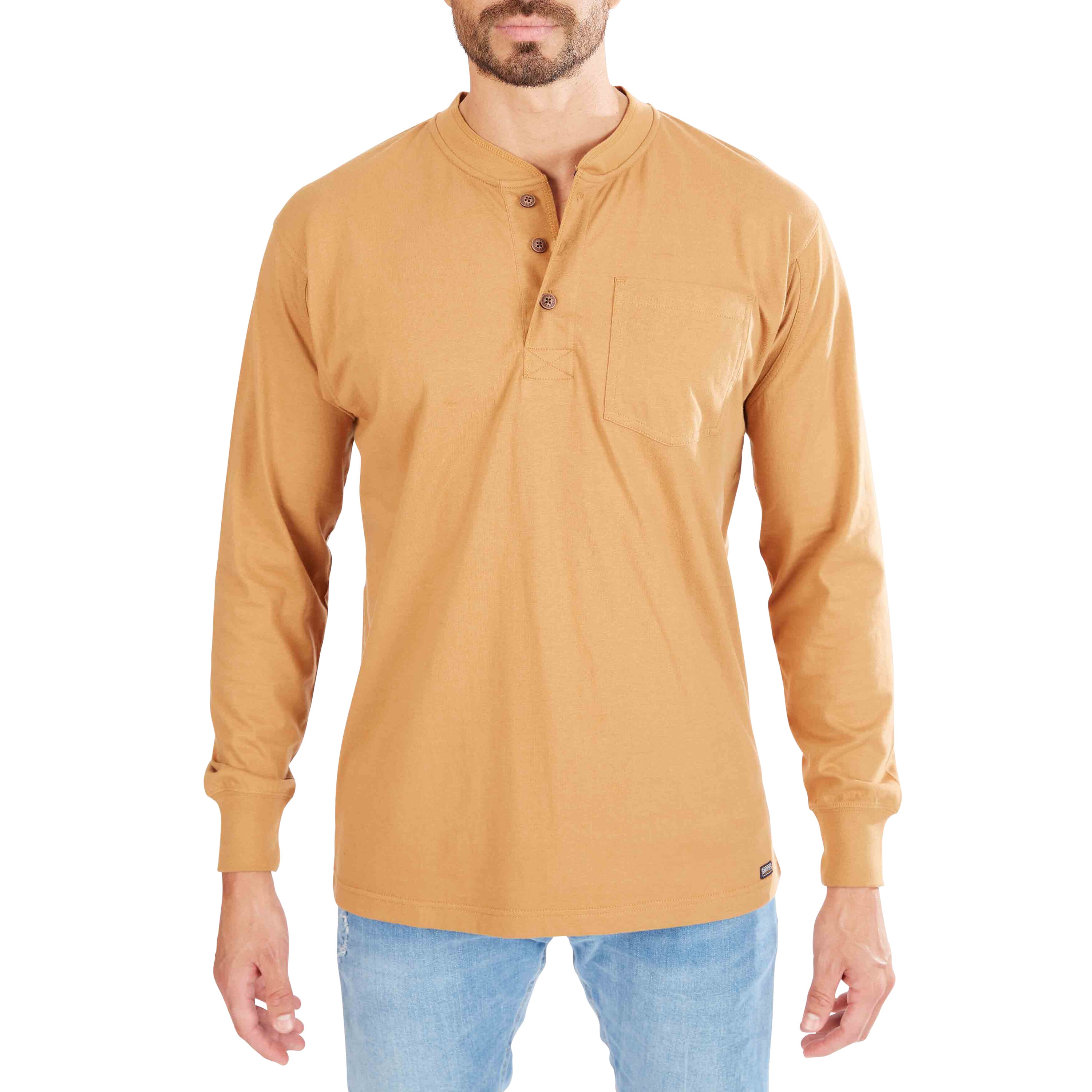 Playera de manga larga estilo Henley en color café para hombre de Smith's Workwear (XL)