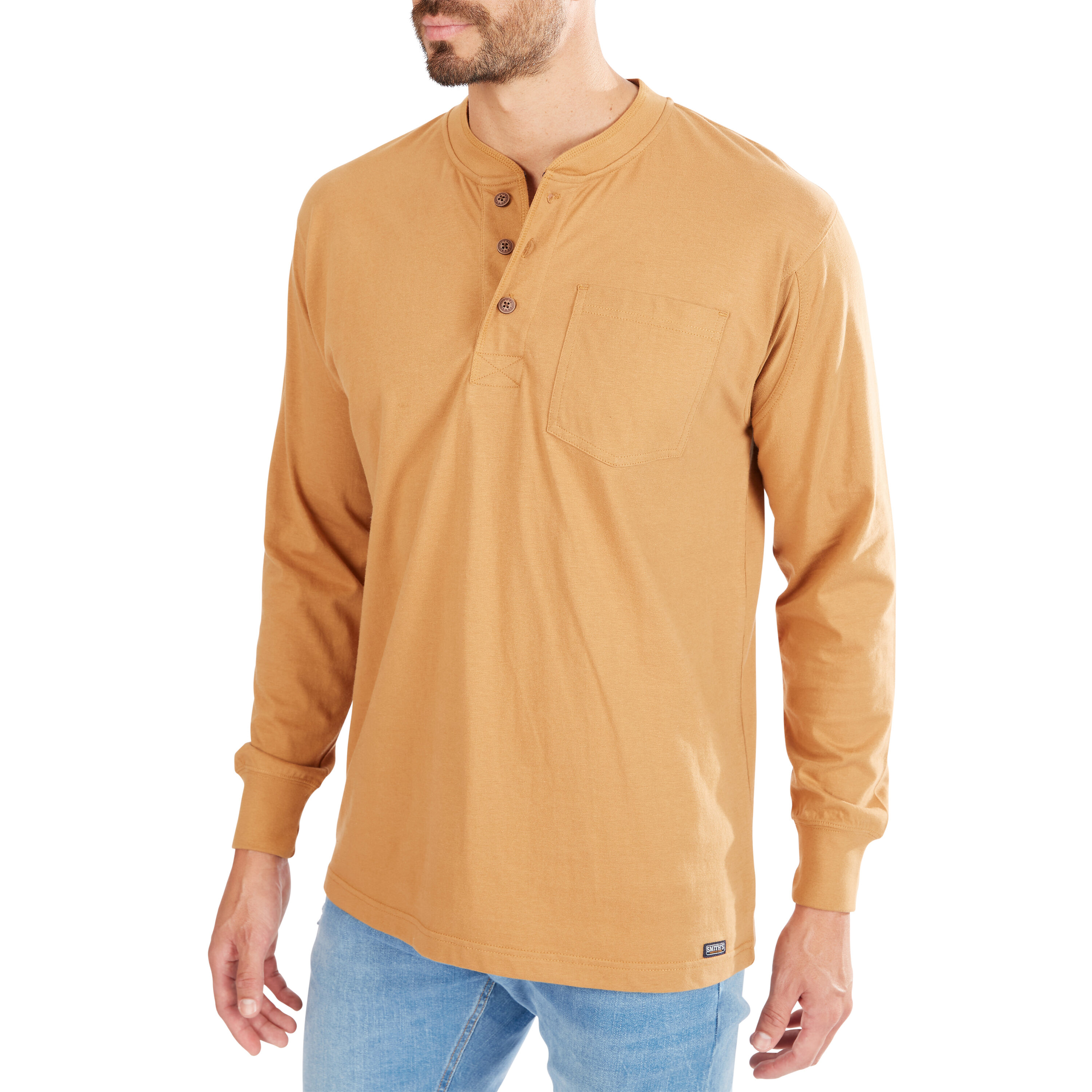 Playera de manga larga estilo Henley en color café para hombre de Smith's Workwear (XL)
