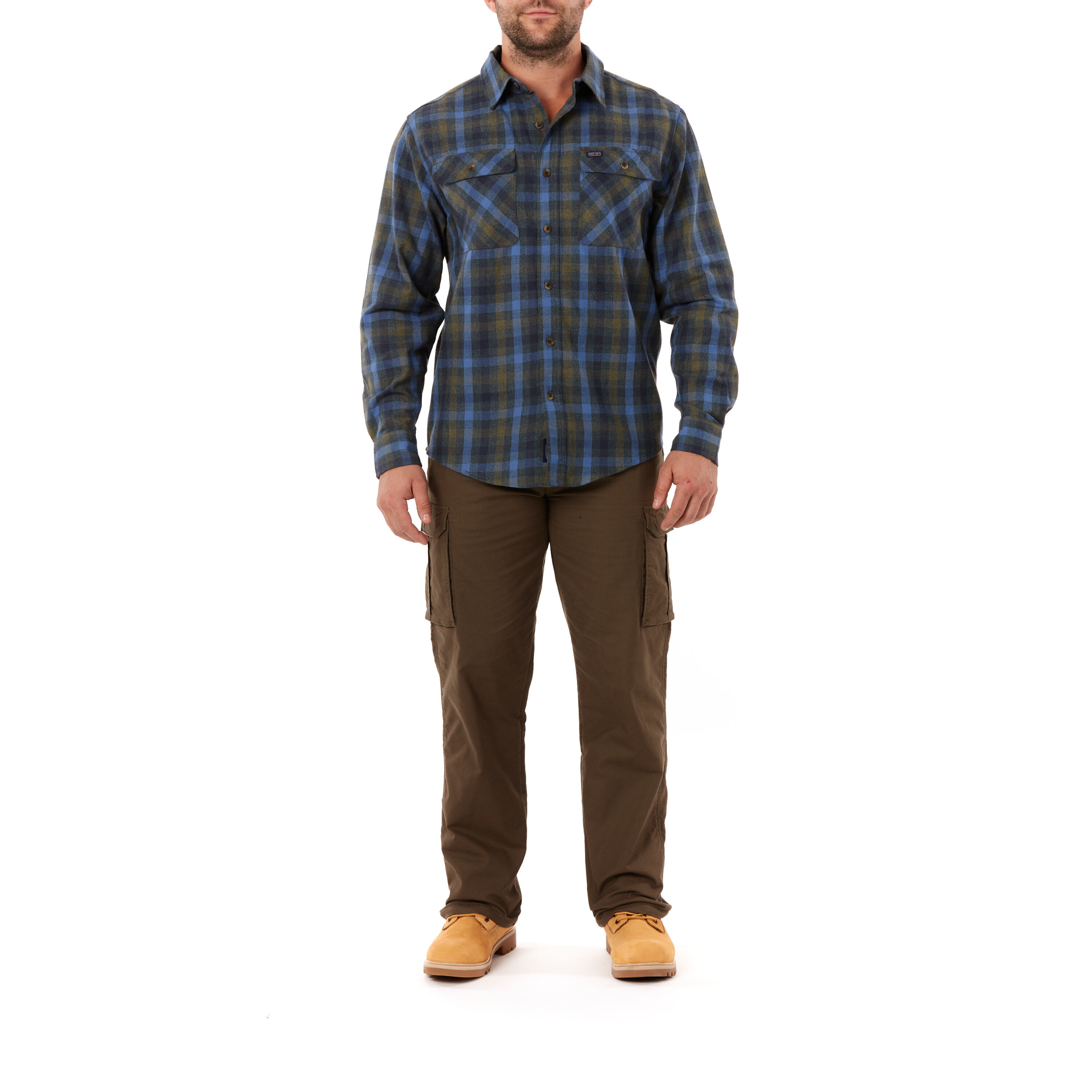 Camisa de botones a cuadros azul de manga larga tejida para hombre de Smith's Workwear (XL)