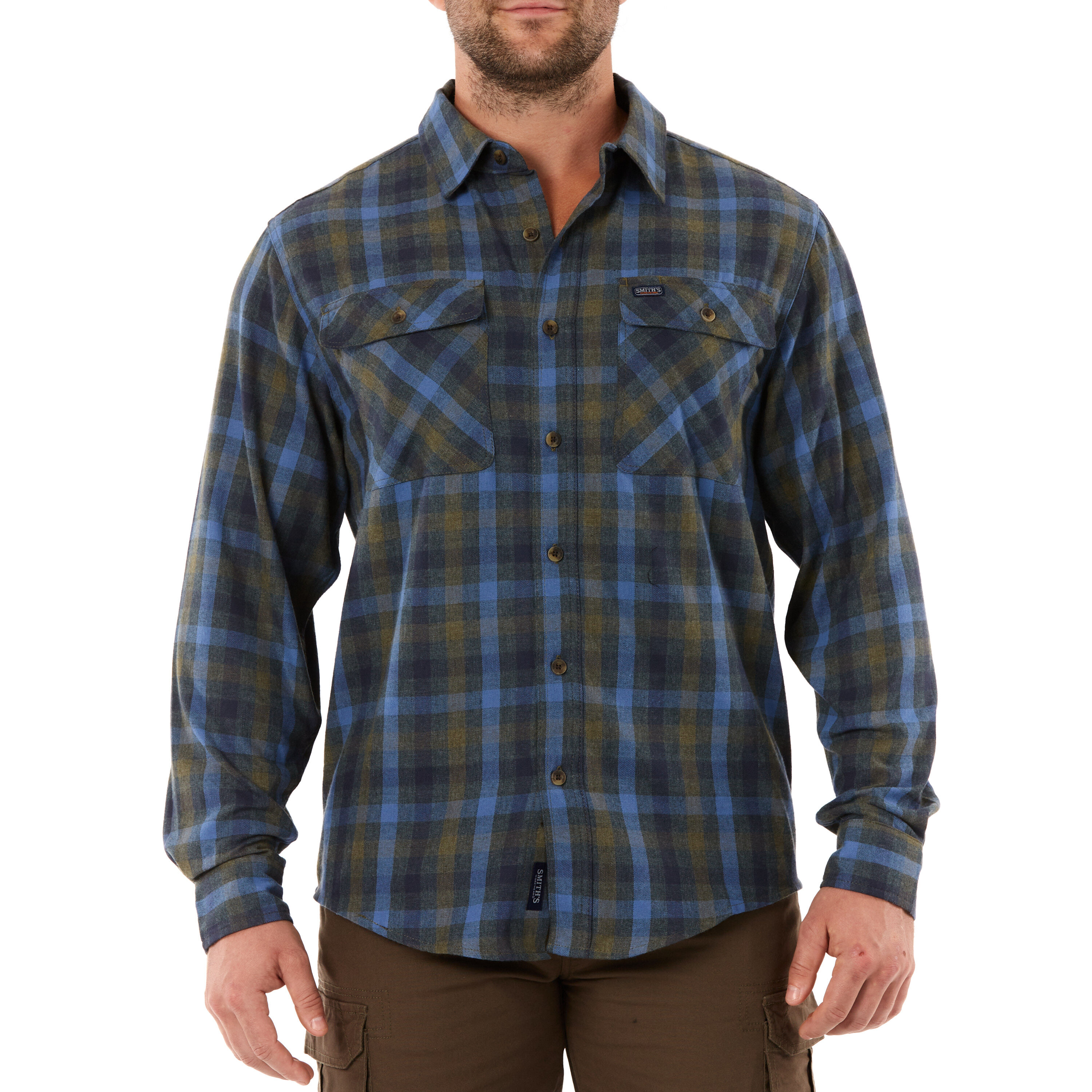 Camisa de botones a cuadros azul de manga larga tejida para hombre de Smith's Workwear (XL)