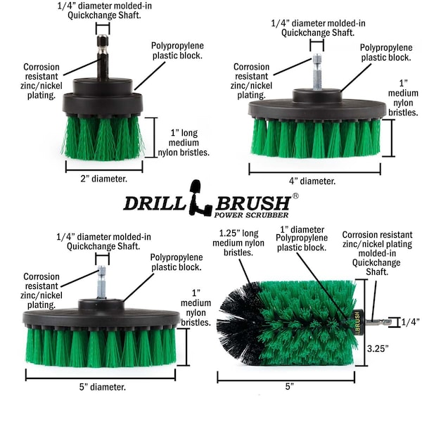 Cepillo Eléctrico de Perforadora Drill Brush Power Scrubber de Useful Products 5 pulgadas de ancho y 7 pulgadas de largo, color verde - G-S-E542J-QC-DB