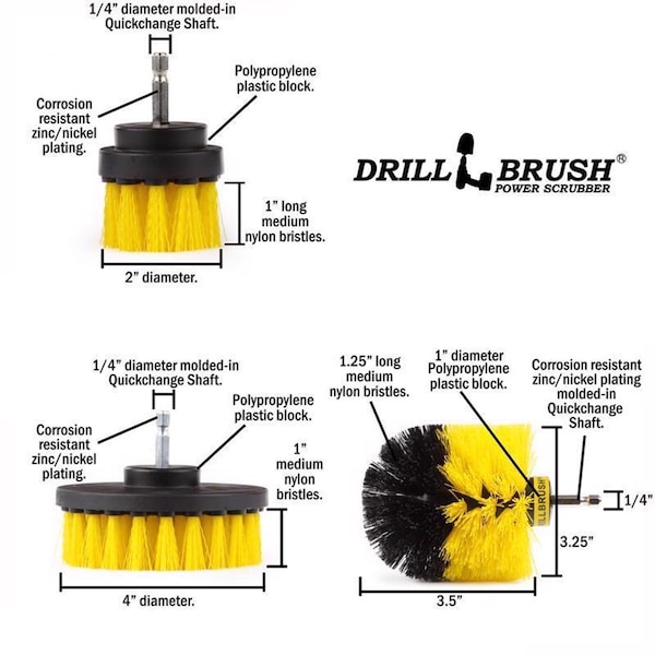 Set de Cepillos para Taladro Drillbrush 4 pulg. W con cerdas medianas y mango de metal - Y-S-42O-QC-DB