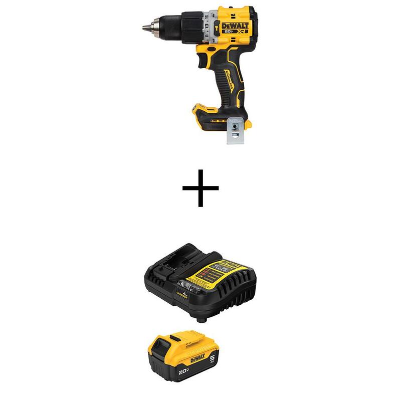 Taladro percutor compacto inalámbrico DEWALT de 20V de iones de litio con paquete de batería de 5 Ah XR MAX 20V y cargador - DCD805BWDCB205C