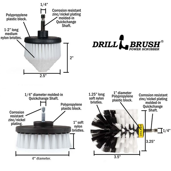 Cepillo eléctrico para taladro Power Scrubber de Useful Products 5 in W 5 in L, blanco - W-S-4CO-QC-DB