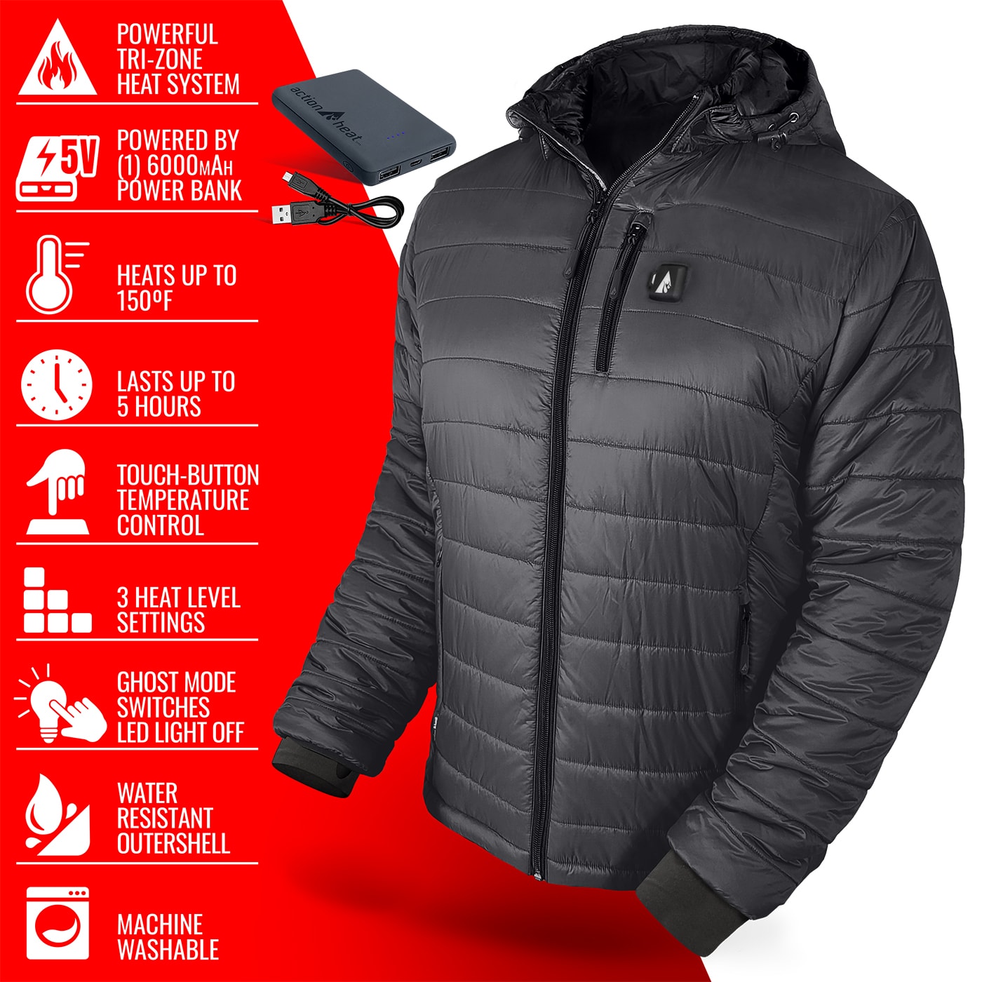 Chamarra térmica pesada con capucha en gris silencioso para hombre de ActionHeat (Grande) - Batería incluida