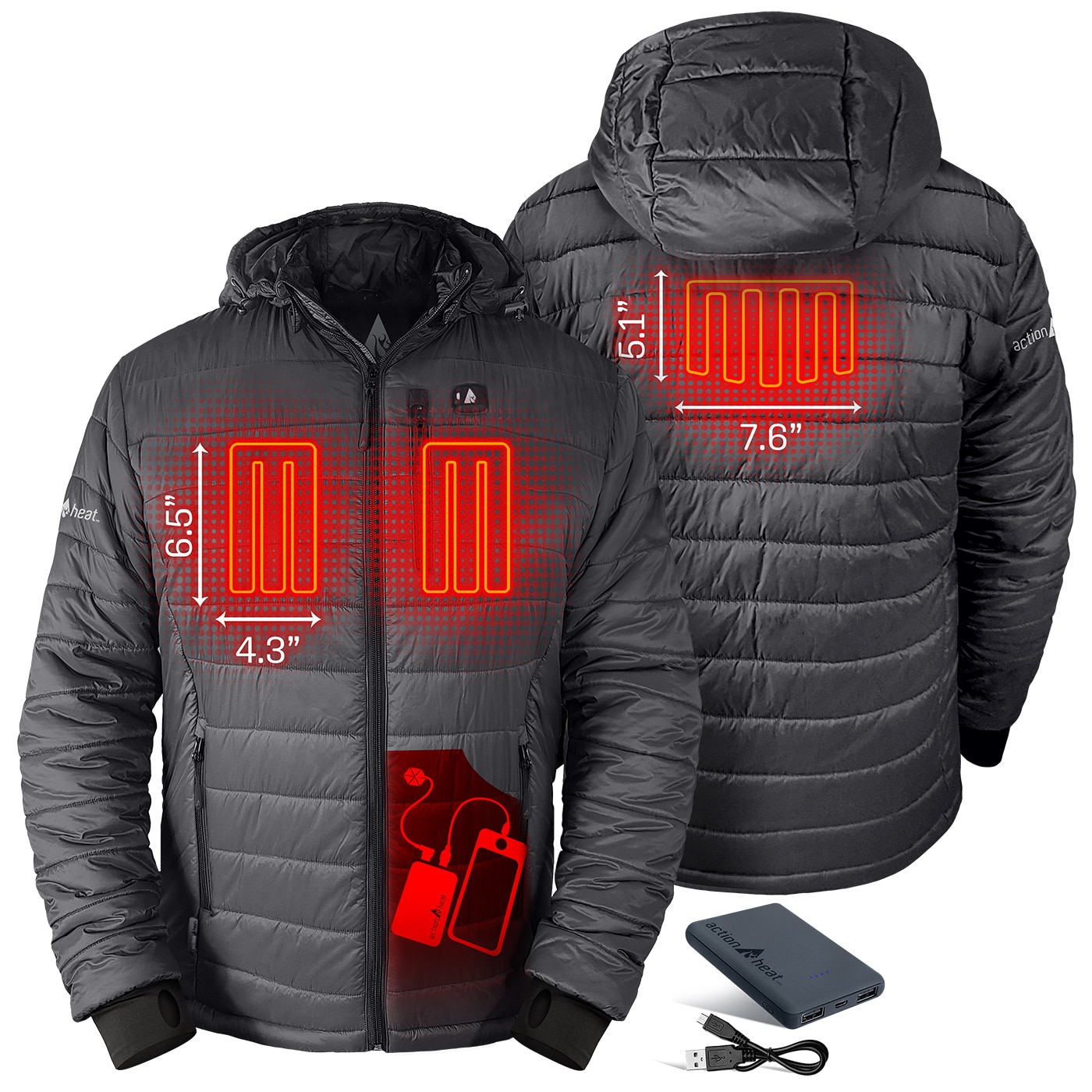 Chamarra térmica pesada con capucha en gris silencioso para hombre de ActionHeat (Grande) - Batería incluida