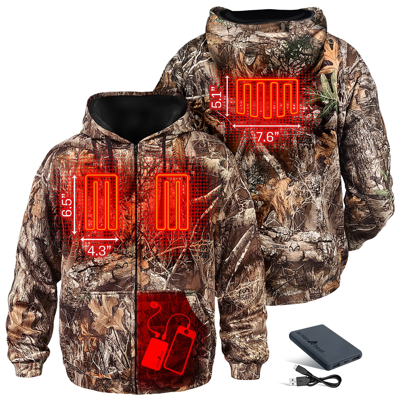 Chamarra térmica con capucha de peso medio en estampado de camuflaje de árbol real para adultos unisex de ActionHeat (talla grande) Batería incluida AH-HDY-5V-C-L