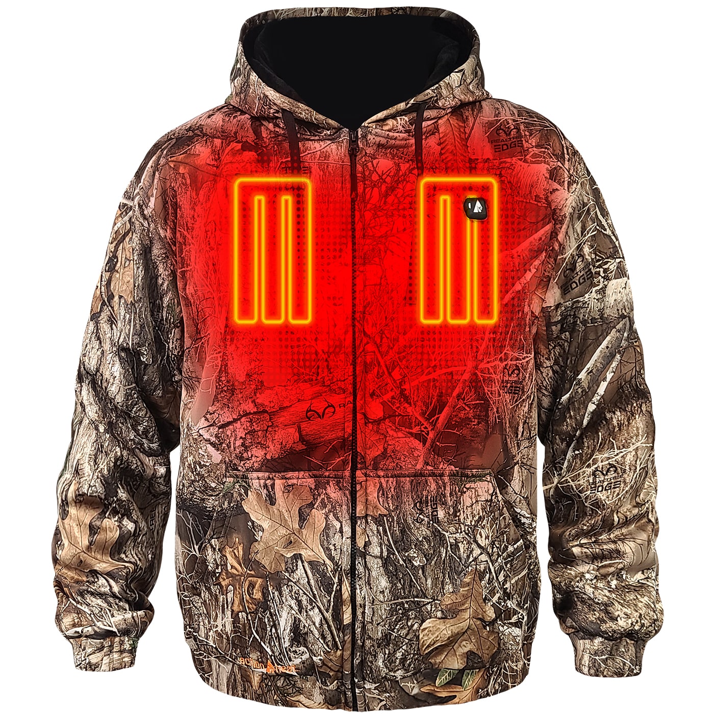 Chamarra térmica con capucha de peso medio en estampado de camuflaje de árbol real para adultos unisex de ActionHeat (talla grande) Batería incluida AH-HDY-5V-C-L