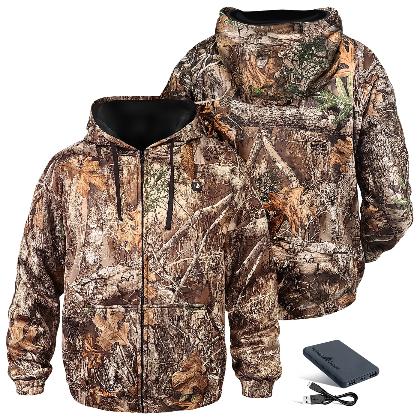 Chamarra térmica con capucha de peso medio en estampado de camuflaje de árbol real para adultos unisex de ActionHeat (talla grande) Batería incluida AH-HDY-5V-C-L