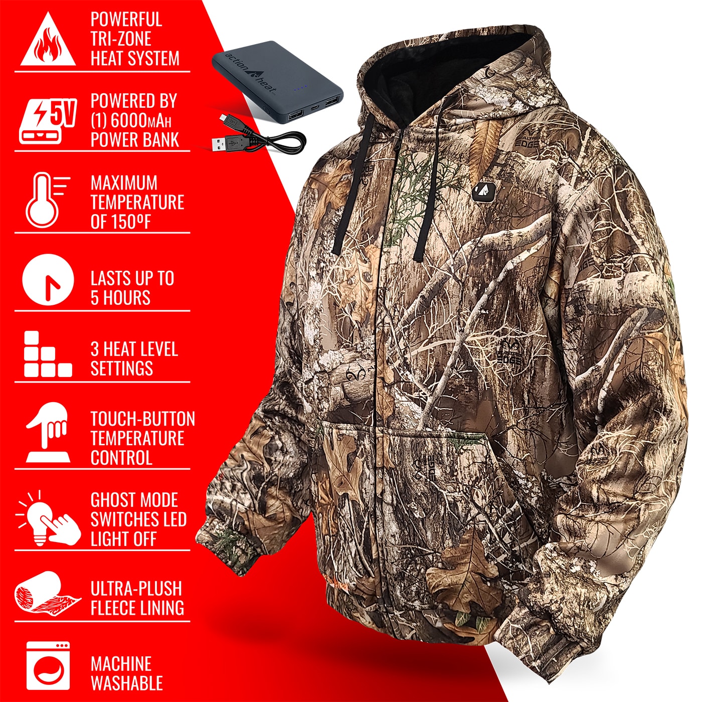 Chamarra térmica con capucha de peso medio en estampado de camuflaje de árbol real para adultos unisex de ActionHeat (talla grande) Batería incluida AH-HDY-5V-C-L