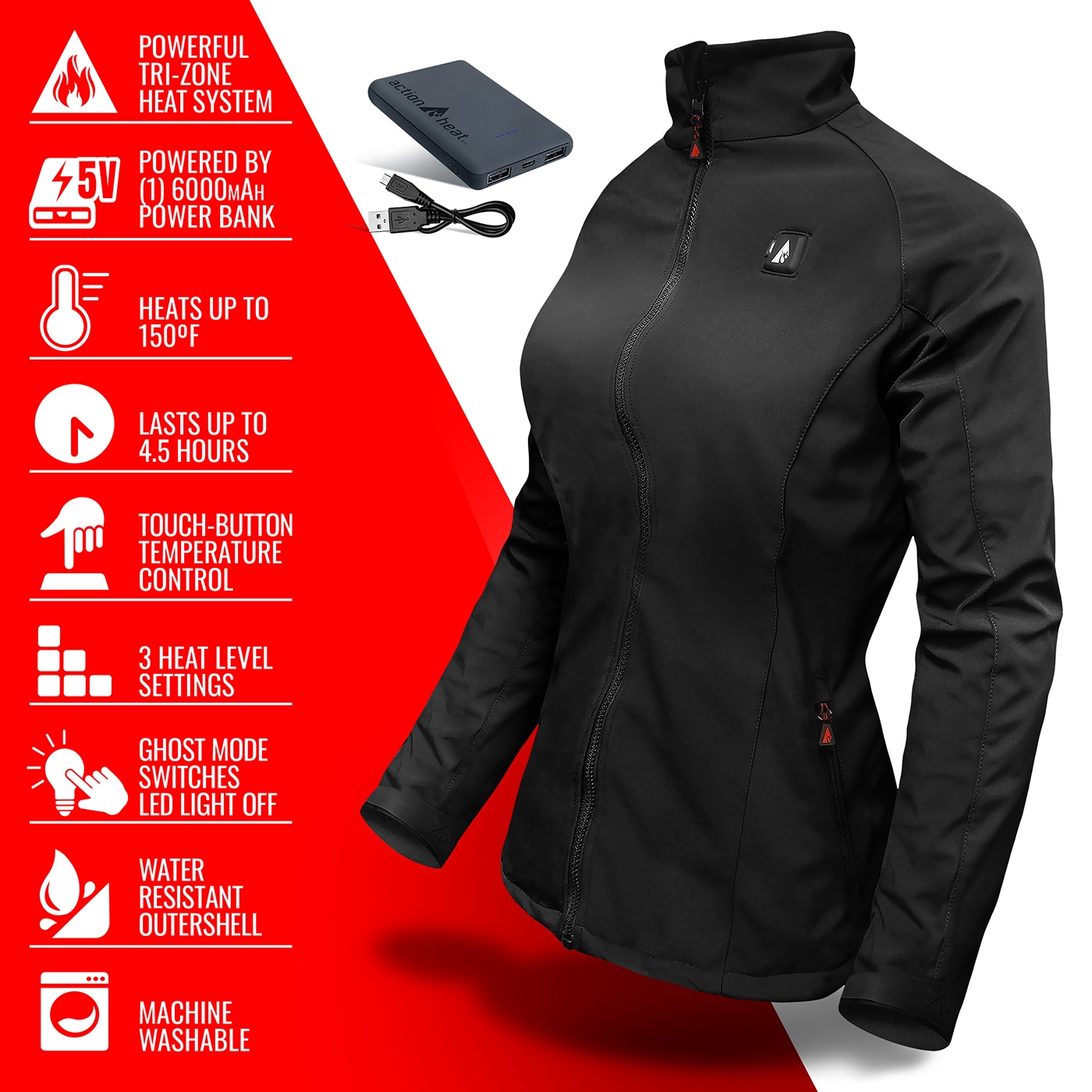 Chamarra térmica para mujer color negro de peso ligero con calefacción incorporada (Talla Mediana)