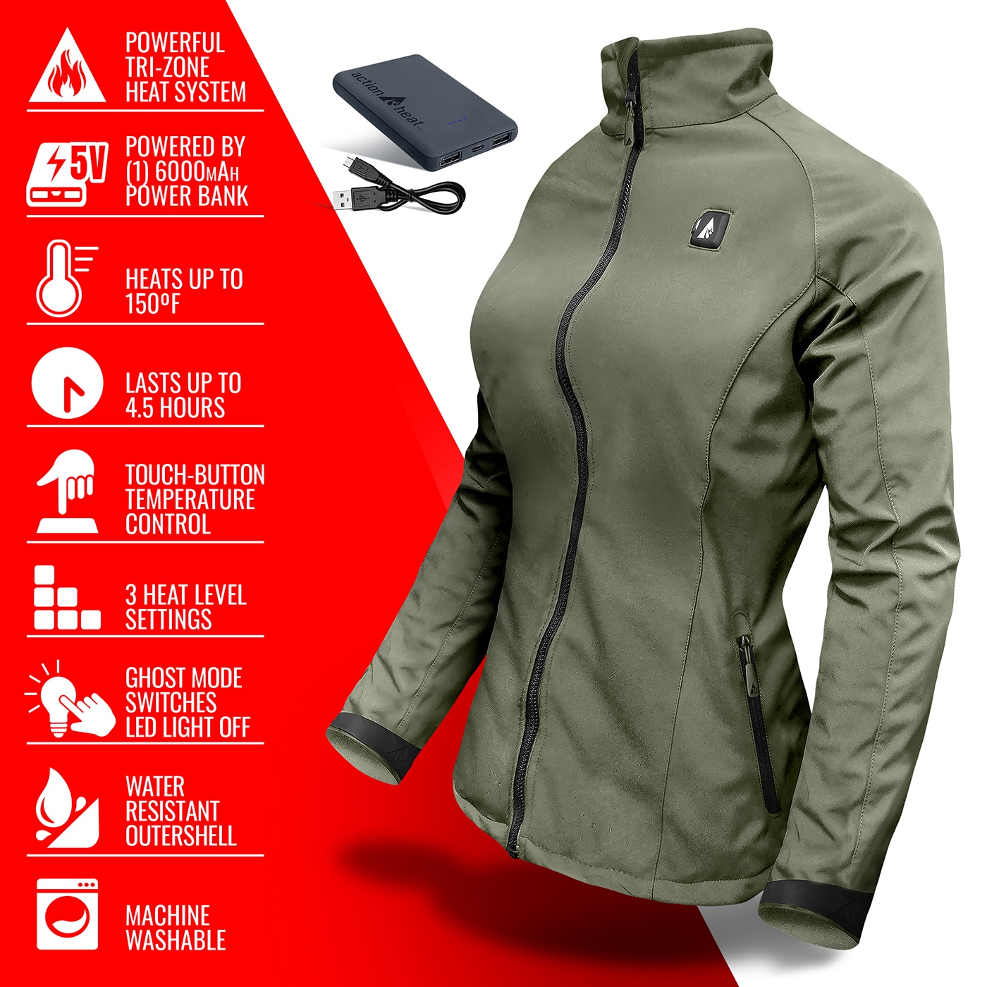 Chamarra térmica liviana para mujer en color verde musgo con calefacción incorporada (talla mediana) - Batería incluida