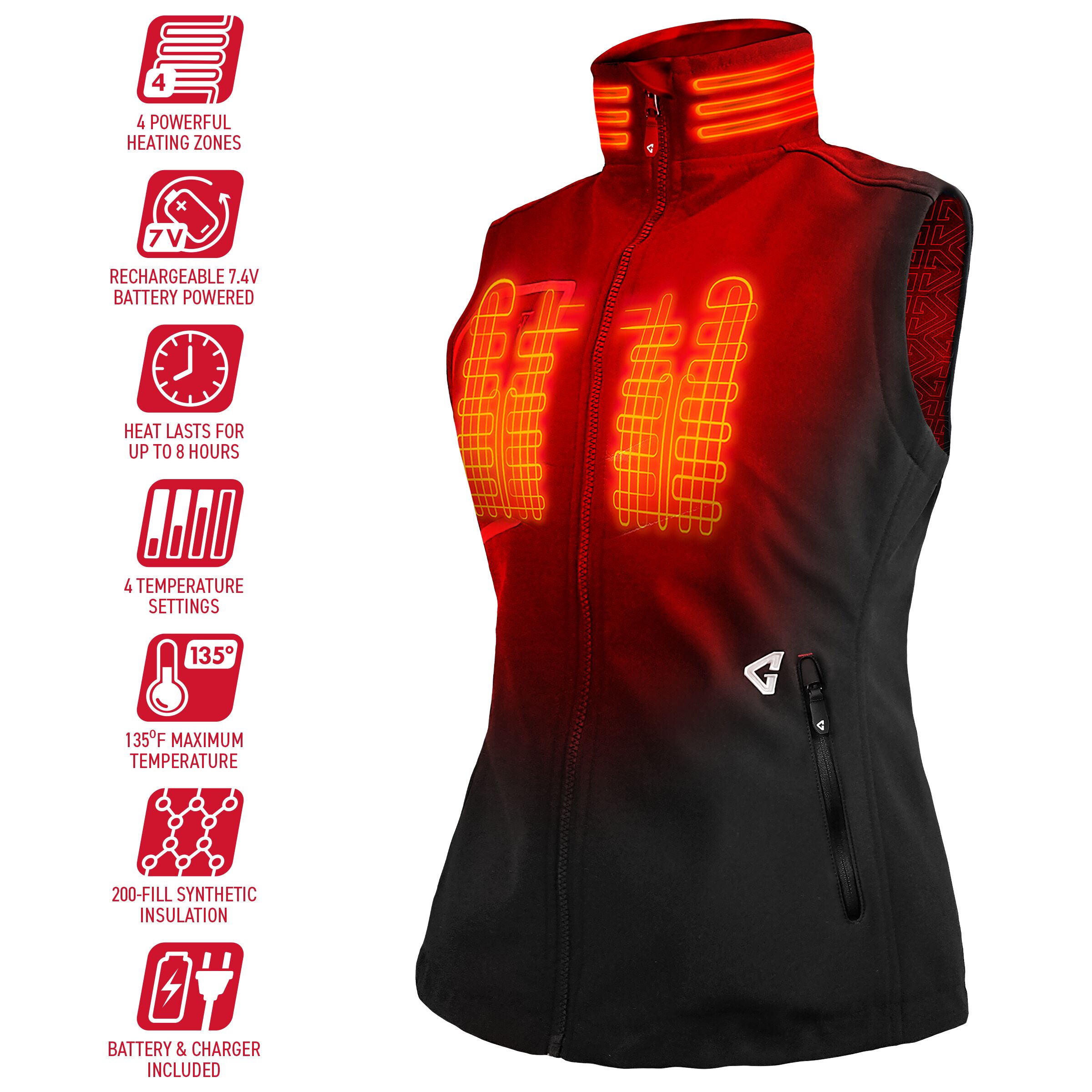 Chaleco calefactable de poliéster negro para mujer talla grande